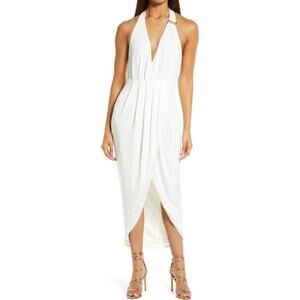 bebe Asymmetric Halter Dress Women's XS White Midi V-Neck Sleeveless Wrap Style